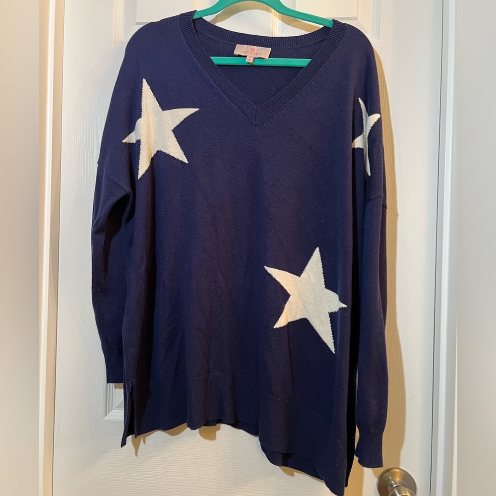 🦋 Laurie Felt Deep Blue V-Neck Sweater with White Stars size 1x